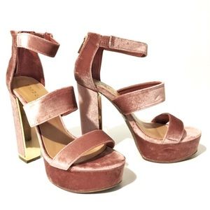 Dolls kill retro pink velvet and gold pumps